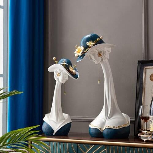 Elegant Half Length Lady Wearing Blue Flower Hat Statue Portrait Art Delicate Enamel Process Ornament For Home Living Room