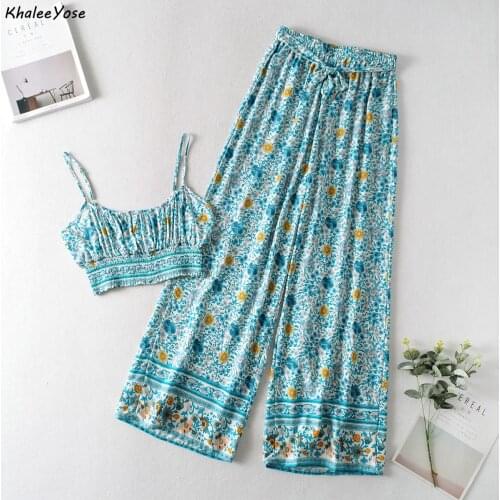 KHALEE YOSE Summer Floral Boho 2 Piece Set for Women Sexy Holiday Crop Top Wide Leg Pant Set Hippie Green Beach Outfits Sets