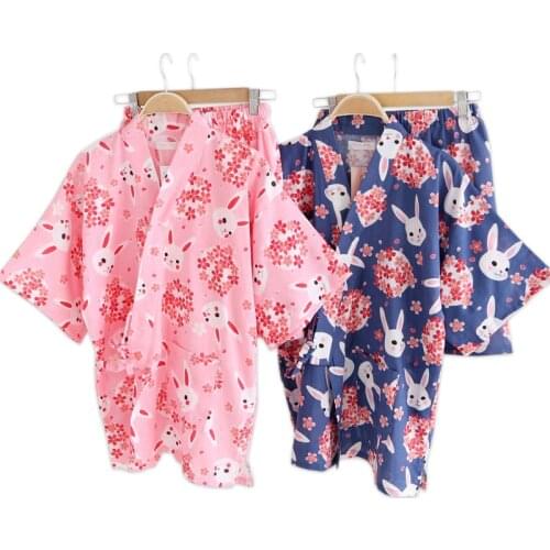 Kawaii sakura rabbit kimono robes women shorts pajamas sets Summer 100% cotton japanese yukata shorts bathrobes sleepwear