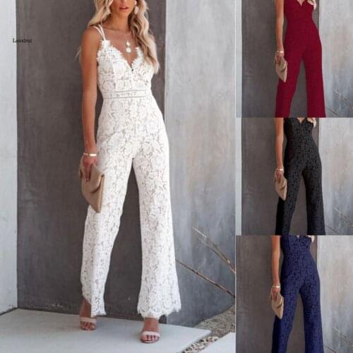 Elegant Jumpsuit White V Neck Lace Sling Backless Slim Waist Women Jumpsuits Sleeveless Wide Leg Pant Solid Elegant Female s