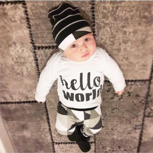 3PCS Baby Boy Clothes Set Hello World Letter Long Sleeve Tops+High Waist Printed Pants+Hat Infant Toddler Baby Clothing