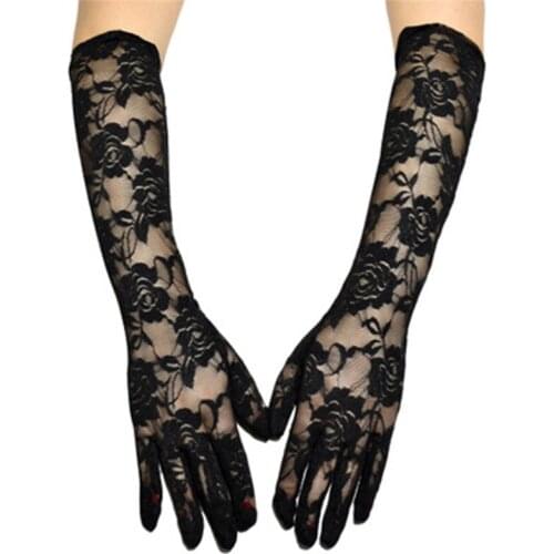 Summer Female Full Finger Rose Net Yarn Long Sunscreen Driving Gloves Sexy Lace Elastic UV Transparent Etiquette Mittens H67