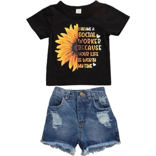 Summer Toddler Kid Baby Girl Sunflower Black Tops T-Shirt + Jeans Ripped Shorts Pants Outfits 2020 1-6Y Clothes Set