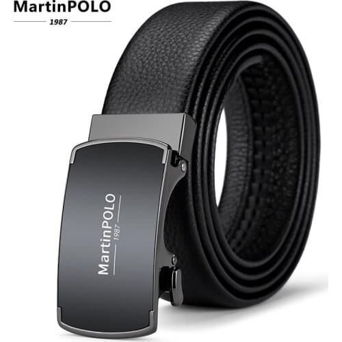 MARTINPOLO Mens Leather Belt Cowskin Waist Strap Automatic Metal Buckle Genuine Leather Male Belts Luxury Belt For Men MP2601P