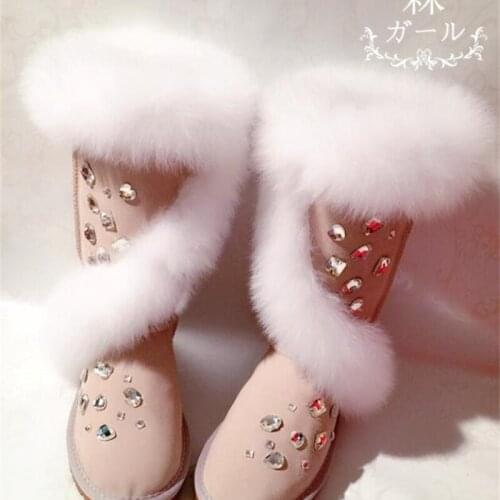 2019 new gemstone rhinestone fox fur cross high tube real cowhide snow boots cotton shoes high snow boots