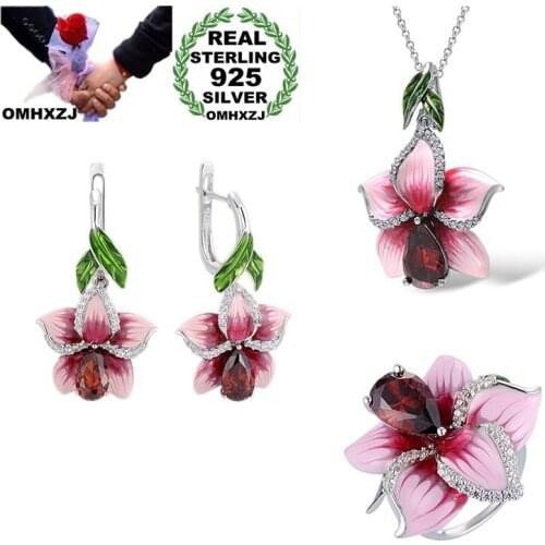 OMHXZJ Wholesale JE33 Fashion Woman Party Birthday Wedding Gift Flower 925 Sterling Silver Necklace+Earrings+Ring Jewelry Set
