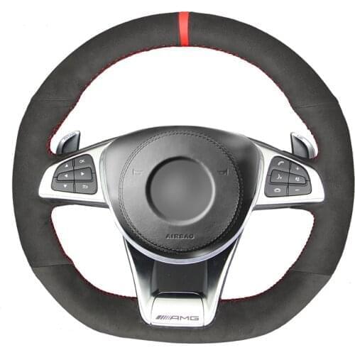 Hand-stitched Black Suede Car Steering Wheel Cover for Mercedes-Benz A 45 AMG 2016-2018 C 43 63 AMG CLA 45 2015