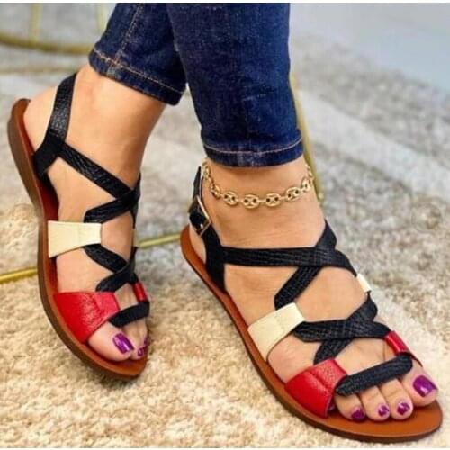 New Women Sandals Outdoor Color Matching Cross Belt Adjustable Button Flat Ladies Shoes Summer Fashion Casual Female Footwear