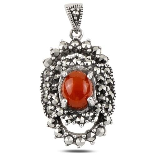 Silver 925 Sterling Red Agate & Marcasite Pendant