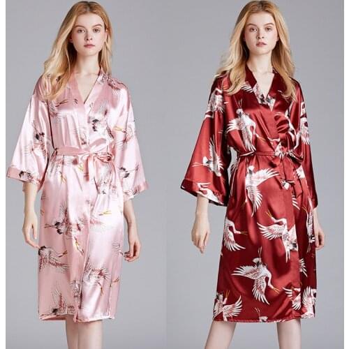Silk Wedding Pajamas Women Summer Bridesmaid Red Dressing Gown Comfortable Home Night Gown Satin Flying Crane Print Nightgown