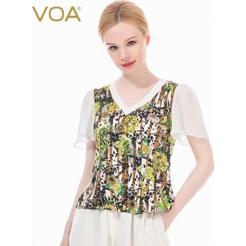VOA Sunflower Yellow Flower Green Leaf Inlaid White Border V-neck Bubble Short-sleeved Stitching Sweet Silk Woman Tshirts BE31