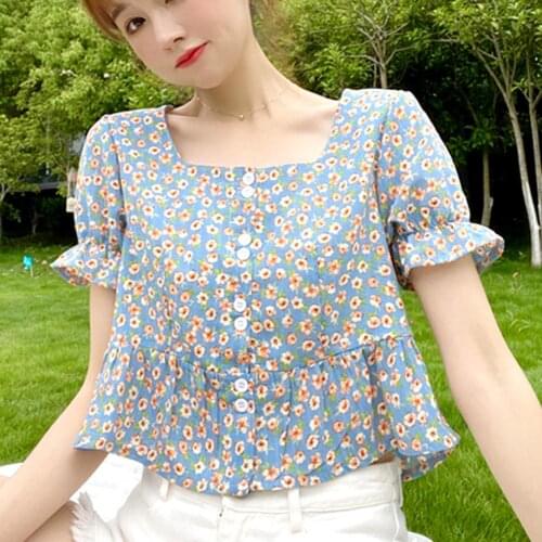 Hot Sale Women Summer Blouse Floral Print Square Neck Short Sleeve Button Casual Crop Top Blouse female clothing