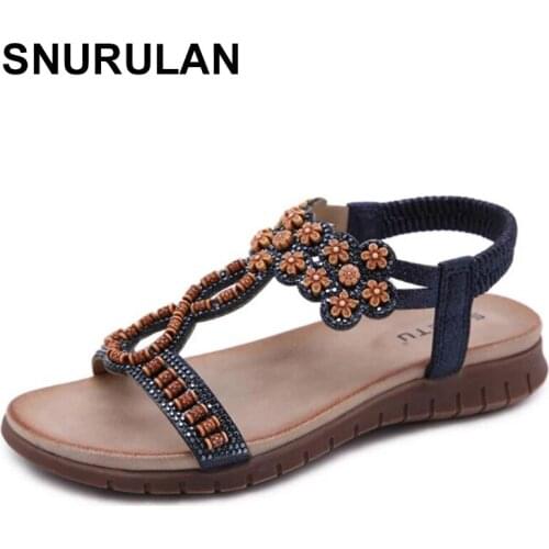 SNURULAN Women Sandals Bohemian Summer Sandals Rhinestone Lady Shoes Wooden Beads Beach Shoes Fashion Footwears Zapatos Mujer