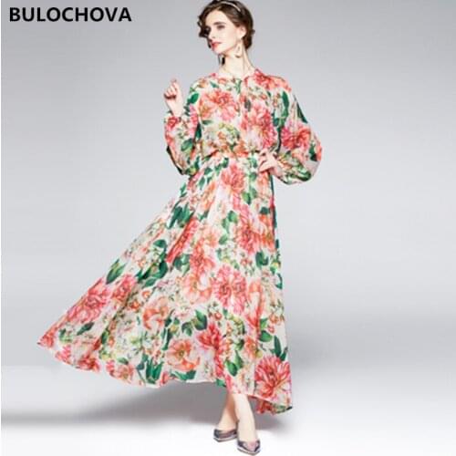 BULOCHOVA Drop Shipping Women O Neck Print Chiffon Holiday Long Dress 2021 New Arrival Big Size Elastic Waist Vestido Femme 2XL