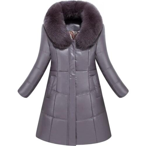 Winter Leather Black Jacket Women Fur Collar Faux Sheepskin Parkas Camel-Padded Coat Large Size Female Thicken Warm Outerwear