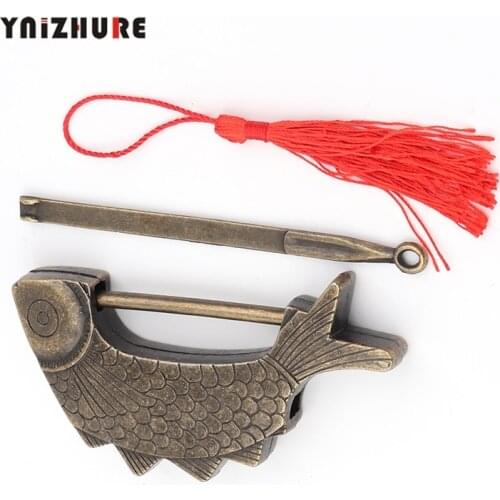 1PC 117mm Vintage Alloy Old Lock Fish Padlock Wooden Box Antique Keyed Padlock Lock Suitcase Drawer Cabinet Hardware