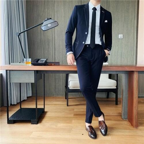 2Pieces Jacket+Pants Two Buttons Business Formal Wear Gentlemen Suit Men Clothing Slim Fit Casual Embroidery Wedding Dress 4XL-M