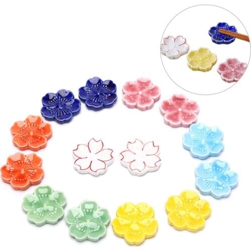 2PCS/SET Ceramic Cherry Blossom Chopsticks Stand Multicolor Cherry Blossom Chopsticks Rack Pen Holder Ceramic Crafts Decoration