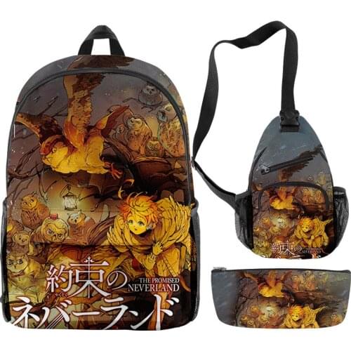 3pcs/set Anime The Promised Neverland Boys Girls Backpack Chest Bag Pencil Case Primary Middle School Students Cartoon Schoolbag