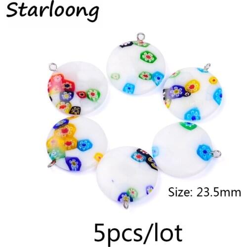 5pcs/lot 23mm round white flat with Floral lampwork glazed glass pendant for necklace DIY jewelry making