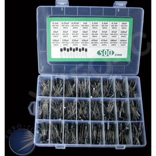 500pc Aluminum electrolytic capacitor kit box 0.1/0.22/0.47/1/2.2/3.3/4.7/10/22/33/47/100/220/330/470/680/1000uf 10v/16v/25v/50V