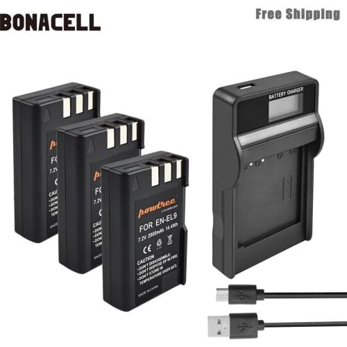 Bonacell 2000mAh EN-EL9 EN EL9 EN-EL9a EN EL9a EL9a Camera Battery+LCD Charger AKKU For Nikon EN-EL9a D40 D60 D40X D5000 D300 L5