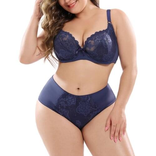 Plus Size Lace Women Sexy Bra And Panty Set Cozy Underpants Lingerie Set Underwire Bralette Female Large Underwear Set Tops