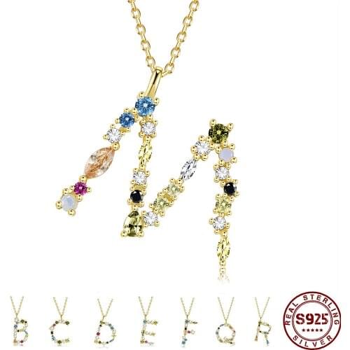 Pure 925 Sterling Silver Gold Letter M Pendant Initial F Alphabet Necklace Fine Women Accessories Jewelry Party/ Christmas Gifts