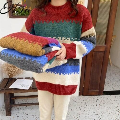 Hsa Fall Fashion Sweater Pullovers Knitwear Women 2021 Autumn Winter Rainbow Striped Pullover Sweater Pull Femme Hiver