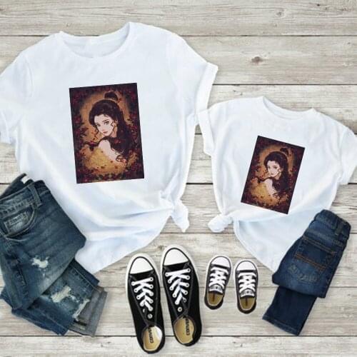 Summer Fashion Belle Beauty and the Beast Graphic T Shirt Mother and Daughter Tops Base Kids Funny Girls Tshirt Family Look