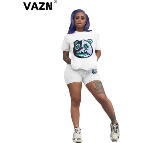 VAZN 2020 Summer Hot Cartoon Soft Free Casual Daily Young Tracksuits Short Sleeve Group Short Pants Slim Women 2 Piece Set