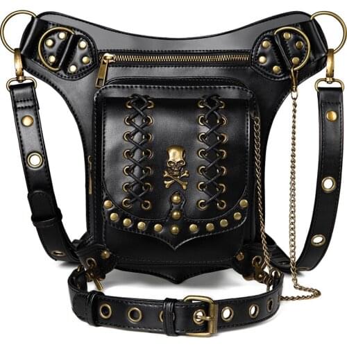 Fashion men shoulder bag skull leather waist pack male fanny pack man belt pouch running hip bag cellphone bag unisex waist bags