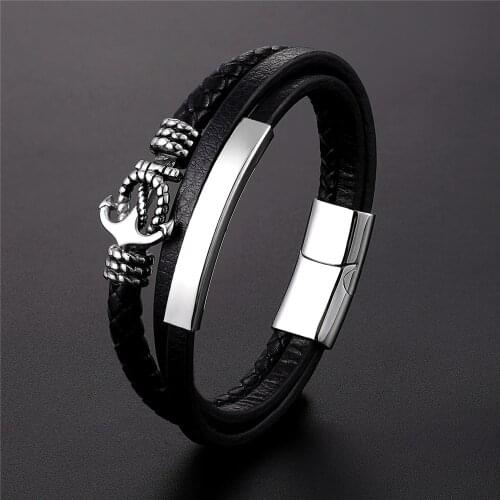 Punk Men Jewelry Bracelet Black Multi-layer Leather Anchor Bracelet Stainless Steel Magnetic Clasp Male Best Gifts For Parties