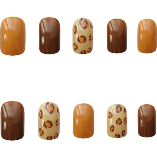 Fake Nails Yellow Coffee Leopard Nail Stickers Finished Nail Stickers 24 Nail Stickers With Glue SANA889