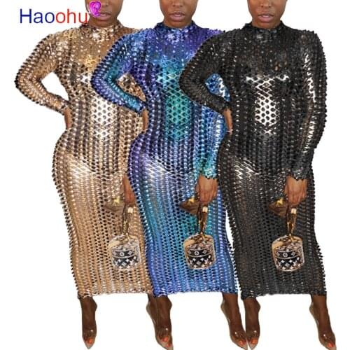 HAOOHU Bodycon Dress Ladies Sexy Dresses Women Wear New Style High Collar Slim Package Hip Hollow Out Fish Net Dress Nightclub