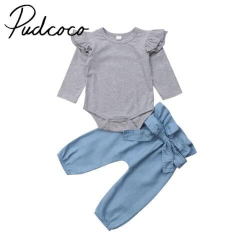 Newborn Baby Girl Outfit Ruffle Romper Jumpsuit Tops Bowknot Denim Pants Jeans Autumn Kids Clothes Set 0-24moths