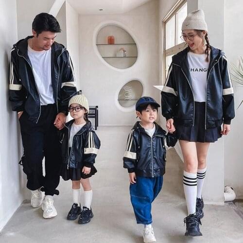 Autumn Soild Leather Hooded Jacket for Whole Family Coat for Boys Girls Mother Father Kids Girl Clothing Childrens Outerwear