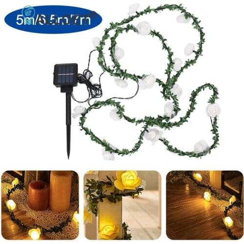 5m/6.5m/7m Solar String Light Simulation Vine Rose Flower LED Fairy String Light Garland Lamp Wedding Valentine Party Decoration