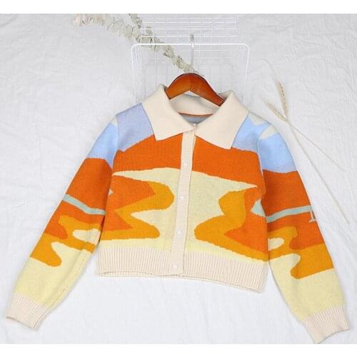 Women Autumn Cardigans Vintage Knitted Sweater Chic Lady Print Short Turtleneck Sweater Single Breasted Loose Cardigans Femme