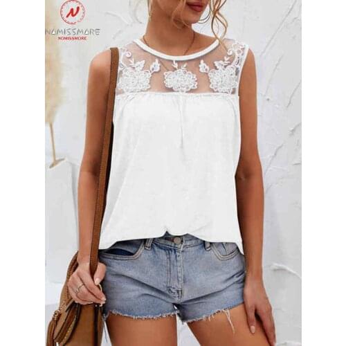 Fashion Women Summer Solid Color Tanks for Streretwear Mesh Patchwork Design Lace Decoe O-Neck Sleeveless Casual Pullovers Top