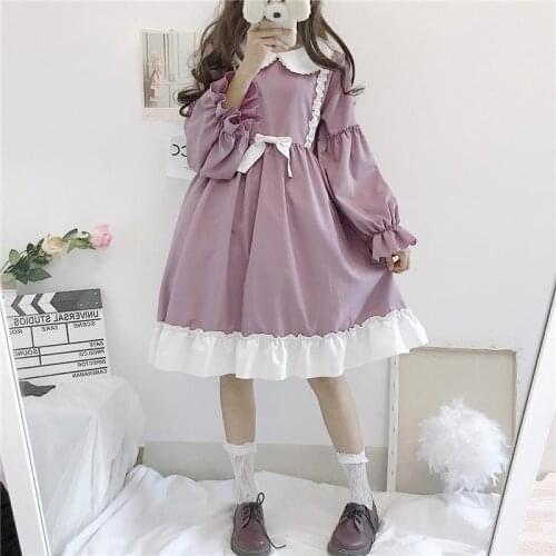 Japanese Kawaii Lolita Peter Pan Collar Soft Sister Dress Cute Sweet Lace Purple Bowknot Daily Dress Princess Sweet Dress