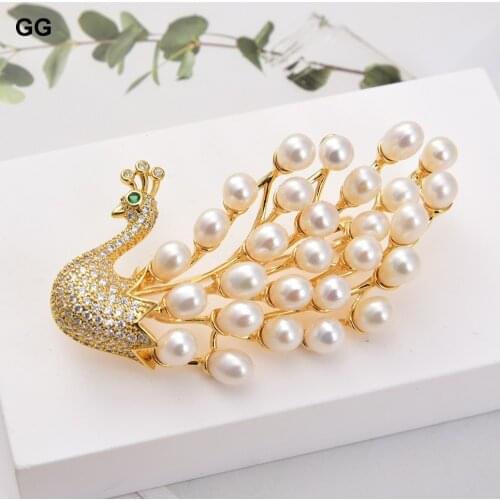 GuaiGuai Jewelry Natural Pearl White Rice Pearl Cz Pave Peacock Brooch Pin Lady Women Jewelry