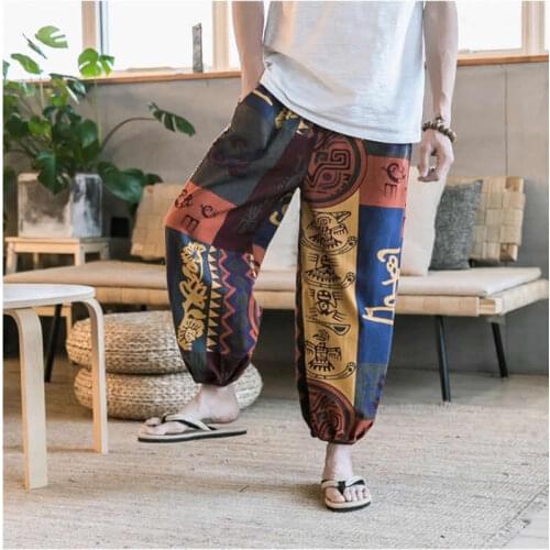 Men Pants Joggers Ethnic Style Print Drawstring Trousers Men Cotton Linen Streetwear Loose Male Casual Pants