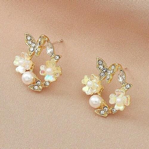 Zircon Geometric Butterfly Flower Earrings Sweet Round Imitation Pearl Stud Earrings for Women Romantic Ear Studs Jewelry