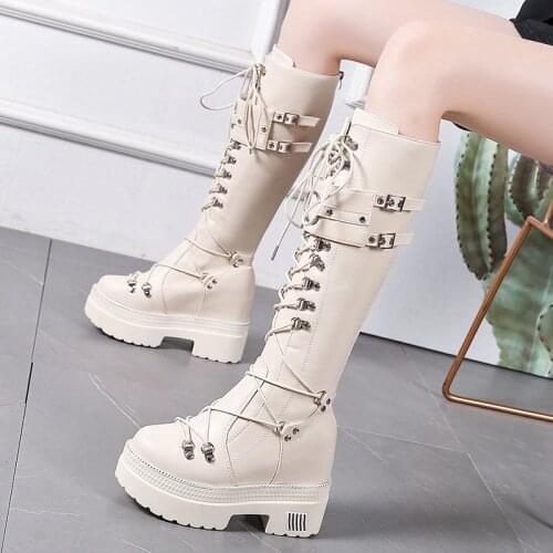 2022 Chunky Platform Leather Knee High Boots Women Retro Punk Height Increasing Long Boots Woman Lace Up Booties Winter Mujer