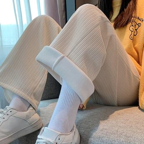 Womens Autumn Winter White Chenille Sweatpants Casual Plush Thickened High Waist Wide-leg Pants Women Loose Flannel Trousers
