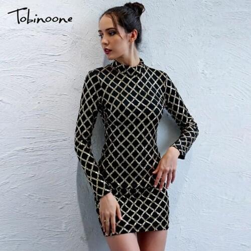 Tobinoone Sequins Stand Bling Bodycon Dress Women Full Sleeve Autumn And Winter Mini Dresses Slim Plaid Sexy Party Vestidos 2021