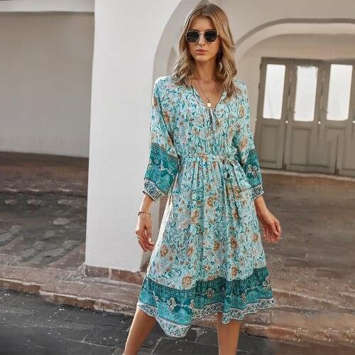 Spring Autumn Long Sleeve Dress for Office Lady 2021 New Sexy Women Clothing Fashion V-Neck Outfits Print Soft Mid-Calf Dresses