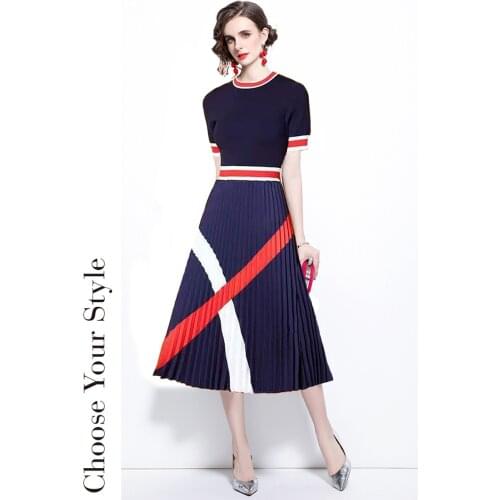 Women Summer Dresses Office Lady A-LINE Draped Mid-Calf 2021 New Dresses O-Neck Elegant Party Night Knitted Women Soild Dresses