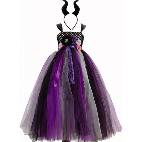 Evil Queen Cosplay Tutu Dress Witch Dress Devil Horn Wing Dress Up Costume for Kids Girls Princess Dress Halloween Costumes